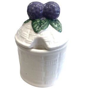 Ceramic White Jam Jar With Purple Berry & Green Leaf Lid
